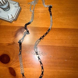 Long, silver necklace.